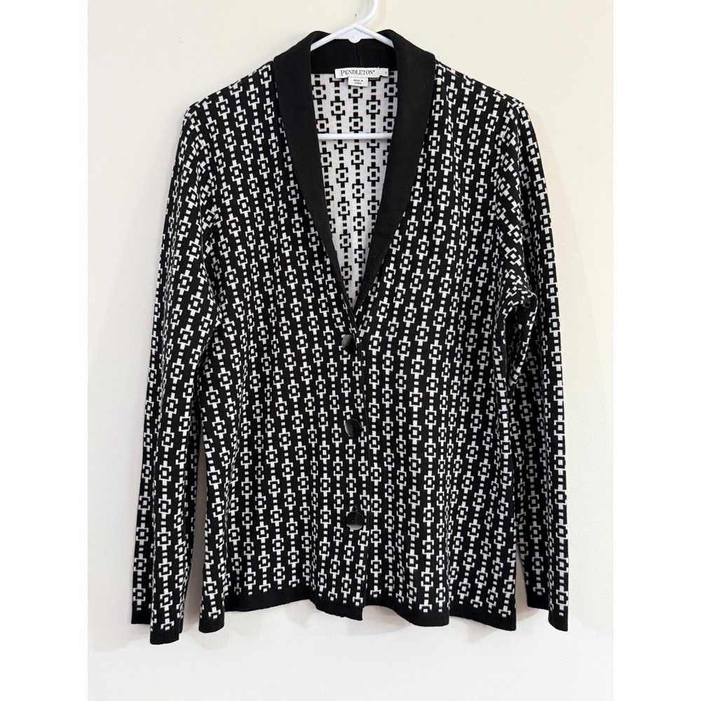 Pendleton Womens Large Black White Geometric Cotton Collar Cardigan Sweater